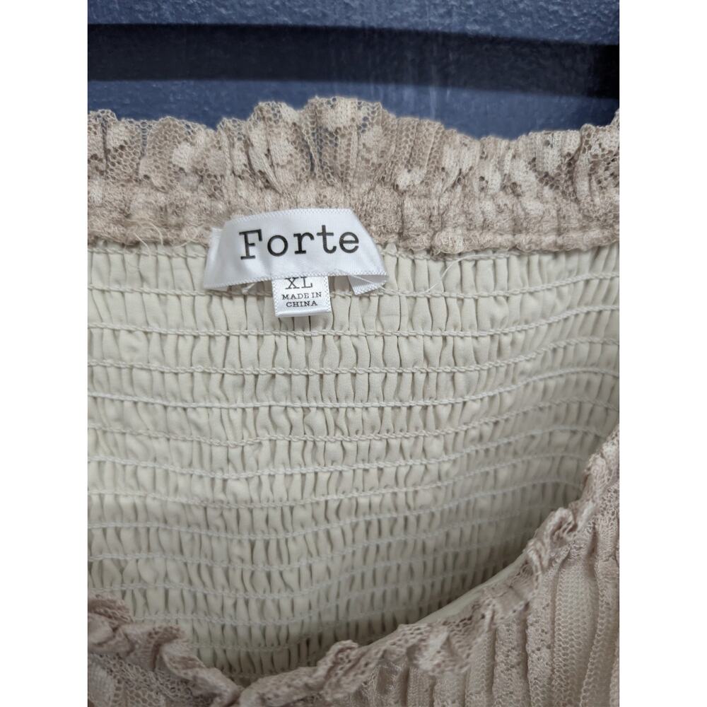 Forte Lace Smocked Babydoll Top XL Boho Cottagecore Balloon Sleeve Beige - Picture 5 of 12